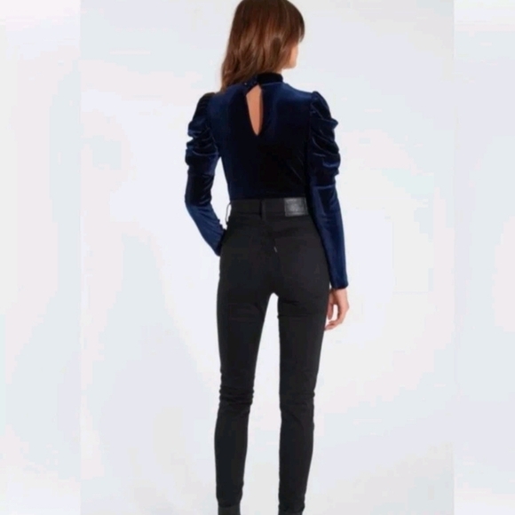 Misa Los Angeles Elegant Blue Velvet Fitted Ruched Bodysuit W/ Puffed Shoulders - Picture 5 of 11